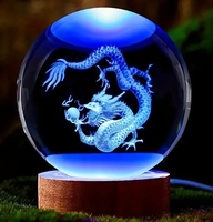 Lampe boule de cristal gravée au laser Dragon 3D Veilleuse boule de verre multicolore