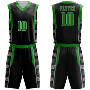 Conjunto de Uniforme de Baloncesto Sublimado de Última Tendencia, Negro y Verde, Sin Mangas, Cuello en V, 100% Poliéster, Unisex para Adultos, en Venta - Product Image 1