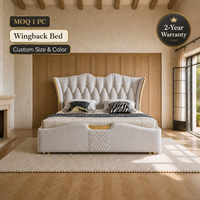 Lit capitonné de luxe en cuir à dossier ailé, style français, taille et couleur personnalisables, lit moelleux avec garniture dorée pour hôtel, villa, chambre à coucher