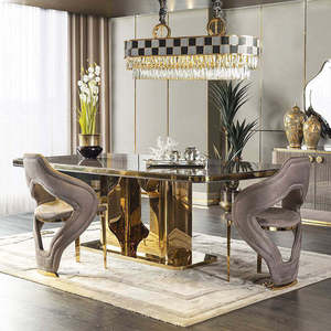 Italian Designer Luxury Custom Stainless Steel Marble <strong>Extendable</strong> Dining <strong>Table</strong> Metal <strong>Legs</strong> Black Marble Top Chairs Modern Hotel - Product Image 3