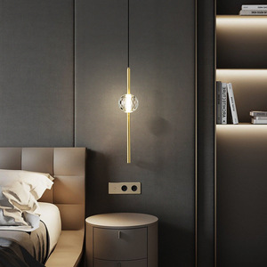 Modern Minimalist All-Copper Pendant <b>Light</b> for Bedroom Black and Gold with Long Brass Cord Warm White <b>Bar</b> <b>Light</b> - Product Image 1