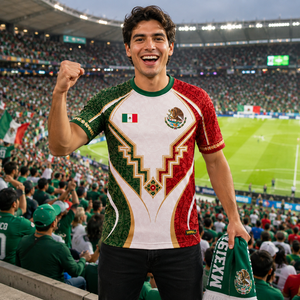 Camiseta de Doble Cara con Impresión Digital del Escudo del Águila de México, Adorno Tradicional Azteca, Recuerdo para Fanáticos del Fútbol Nacional, Ropa para Partidos - Product Image 1