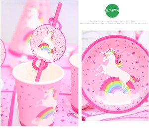 Unicornio Rosa Baby Shower niña suministros <span class=keywords><strong>de</strong></span> fiesta <span class=keywords><strong>de</strong></span> cumpleaños juego <span class=keywords><strong>de</strong></span> vajilla desechable platos <span class=keywords><strong>de</strong></span> papel vasos servilletas pajitas sombreros banderas Decoración - Product Image 4