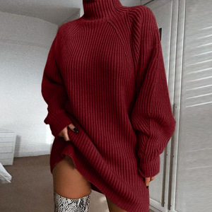 2026 Women Turtleneck Knitted Sweater Pullover Dress With Raglan Sleeves High <b>Neck</b> Loose Midi Knitted Dress - Product Image 3