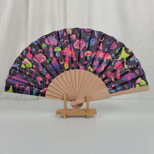 FAREA Custom Printed 23cm Spanish Wooden Bamboo Carved Folding Hand Fan with Silk Fabric Portable for Promotion Gift and Party