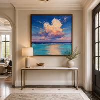 Tableau mural en toile Paysage marin bleu avec nuages rêveux et océan, artisanat en bois, option de suspension pour la décoration de villas, hôtels et complexes de luxe