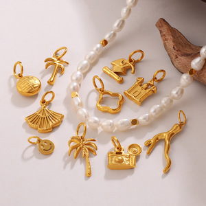 Gold Plated Stainless Steel Charms, Heart Palm <b>Tree</b> Camera Castle Fan Key Smiley <b>Face</b> Animal Pendants for Jewelry Making - Product Image 5