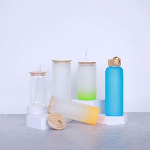 Vaso de vidrio esmerilado transparente para sublimación al por mayor, de 16oz y 20oz, con tapa de bambú y pajita, ideal para agua, jarra, botella, taza o vaso. - Product Image 1