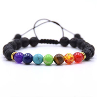Bracelet de Charme Tressé Perlé, Perles de Pierre Naturelle, Yoga, Guérison Énergétique, Pierre de Lave Volcanique, 7 Chakras, Diffusion d'Ambre, Plaqué Argent
