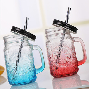 Empty <strong>Lemon</strong> Embossed 16oz Glass Mason <strong>Jar</strong> with Handle for Summer Juice Ice Cream Dessert - Product Image 6