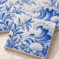 Mosaïque murale en céramique bleue et blanche peinte à la main, motif vague de mer, taille personnalisée pour la décoration murale de la salle de bain et de la cuisine