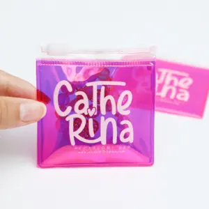 Mini borsa con cerniera in plastica olografica in pvc rosa piccola personalizzata con stampa del logo per sacchetto di imballaggio dell'anello dell'orecchino del braccialetto dei gioielli