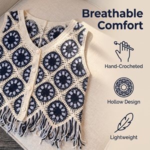 <span class=keywords><strong>Gilet</strong></span> en <span class=keywords><strong>crochet</strong></span> vintage pour femme, motif floral <span class=keywords><strong>Granny</strong></span> Square, ourlet à franges, boutonné, sans manches, style bohème, tricot ajouré, vêtement d'extérieur - Product Image 5