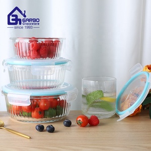 Supermarkt Runde geformte 400 ML High Boro silicate Glass Lebensmittel behälter Küche Precook Bowls Strip Design Glas Lunch Box - Product Image 1