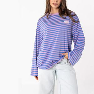 Camicia <span class=keywords><strong>Oversize</strong></span> a Righe in Cotone per <span class=keywords><strong>Donna</strong></span> - Top Blu Lilla a Maniche Lunghe Vestibilità Comoda, OEM/ODM da Fabbrica di <span class=keywords><strong>Abbigliamento</strong></span> Cinese - Product Image 1
