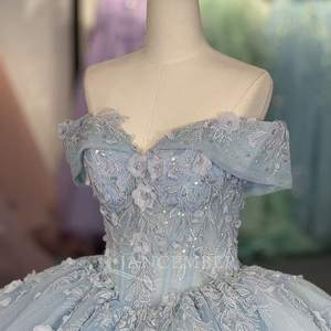 Robe de bal de Quinceañera exclusive bleu ciel avec appliques de perles et cristaux, traîne chapelle, longueur ras du sol, pour fête des 15 ans - Product Image 5