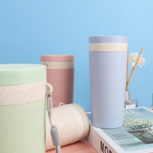 Eco-friendly Wheat Straw <b>Double</b> <b>Wall</b> Insulated Coffee <b>Mug</b> Portable Reusable Travel Tumbler with Strap for Student School Office - Product Image 4