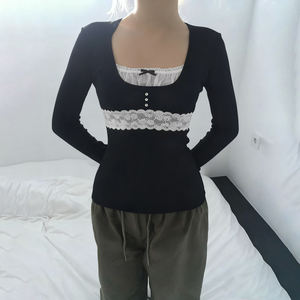 Camiseta Vintage Y2K de Encaje para Mujer, Corte Regular, Cuello Cuadrado, Manga Larga, Tejido Elástico, Casual, Favorecedora, Transpirable y Ecológica - Product Image 5