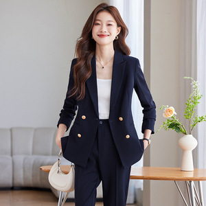 Women's Navy Blue Suit Set Double Breasted Solid Color Anti-Wrinkle Polyester Casual Wear For Office And Interviews - Product Image 1