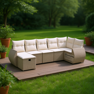 Conjunto de Sofás Modulares para Jardín, Ratán Sintético PE Beige, Estructura de Acero, Muebles de Exterior, Tamaño Grande, Cojines de Alta Densidad, Diseño Elegante - Product Image 2