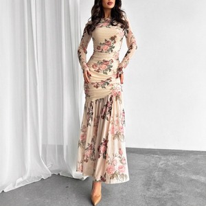 Nuovo Elegante Abito Floreale a Maniche Lunghe in Rete con Collo Tondo, Vestito da Donna con Vita Sottile e Gonna Lunga <span class=keywords><strong>per</strong></span> la Primavera - Product Image 1