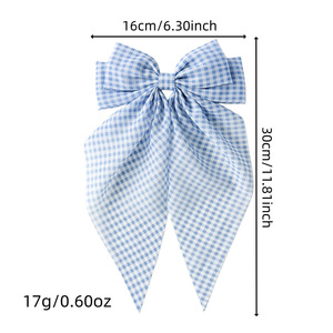 Barrette à cheveux mignonne en mousseline à carreaux floraux avec nœud, motif pois bleus et blancs, ruban long, pour les fêtes et le quotidien - Product Image 2