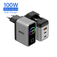 Pengisi Daya Cepat 100W PD 3.0 2C1A Tipe USB C Adaptor Pengisi Daya Dinding GaN TFT QC3.0 Pengisi Daya Ponsel dengan Layar untuk Tablet, Ponsel, iPad