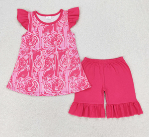 Ensemble de vêtements pour filles en gros, motif floral tropical flamant rose, manches volantées, tenue 2 pièces - Product Image 2