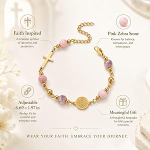 Pulsera de Rosario con Cruz de Acero Inoxidable y Medalla de San Benito, Piedra Natural, Joyería Cristiana, Regalo para Mujer - Product Image 3