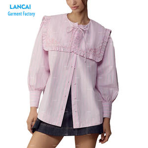 High Quality O-neck Long <b>Sleeve</b> Button up 100% Cotton Women Top Shirt Fashion Street Wear - Product Image 1