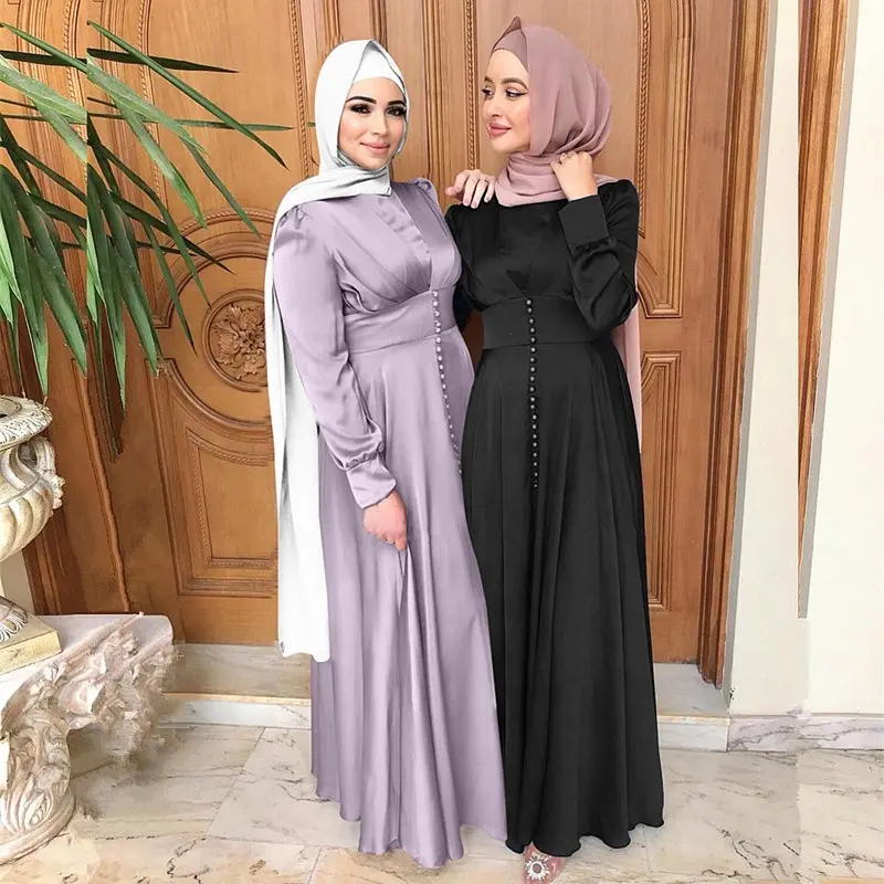 2021 Nieuwe Bescheiden Dubai Turkije Hoge Taille Strakke Party Gown Elegante Abaya Lange Mouw Satijn Zijden Jurk Moslim Vrouwen