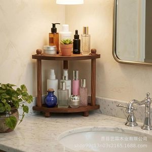 <b>Corner</b> Wooden Vanity <b>Shelf</b> 2 Tier Round Design For Bathroom Storage Organization - Product Image 2