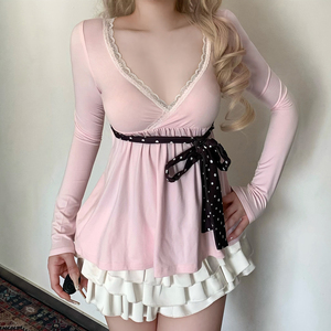 T-shirt rose à pois respirant et écologique pour femme, avec dentelle sexy, col en V et liens, coupe ample - Product Image 5