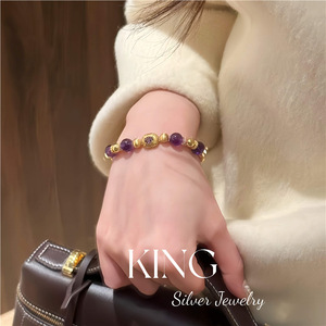 King Silver Jewelry Amethyst Bracelet Gold Beads Women's Everyday Wear - Product Image 3