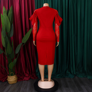 GX443D moda <span class=keywords><strong>primavera</strong></span> abiti Midi manica lunga in pizzo semplice stile Casual elegante abito da festa - Product Image 4