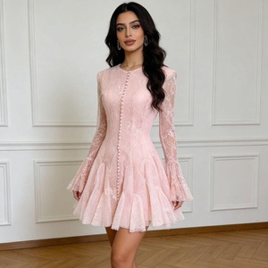 AIMEISI Abito Casual <span class=keywords><strong>Corto</strong></span> da Donna con <span class=keywords><strong>Maniche</strong></span> <span class=keywords><strong>Lunghe</strong></span> in Pizzo Ricamato e Volant, Semplice ed Elegante - Product Image 1