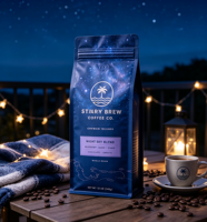 Sachet d'emballage pour grains de café imprimé en héliogravure personnalisé, résistant à l'humidité, à fond plat, avec huit soudures latérales et valve thermoscellée