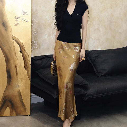 5801 Chinese Style Flower Pattern Print Slightly Elastic Satin Triacetate Fiber Fishtail Mid-Length Skirt for Ladies