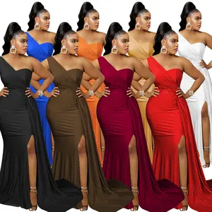 Hot Sale New Stylish Inclined Neck High Elastic Split Long Dresses Women Maxi Casual Party Evening Dress