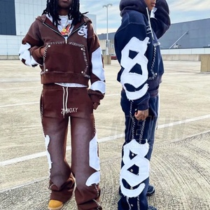 Reverse Embroidery logo Custom Tracksuit Streetwear Vintage Half Zipper Acid Wash <b>Distressed</b> Flared Sweatpants and Hoodie Set - Product Image 4