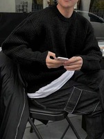 Pull en maille à col rond uni pour homme, style décontracté, idéal pour l'automne et l'hiver, coupe ample.