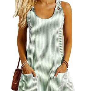 European American Style Summer Natural Breathable Mini A-Line Anti-Static Casual Dress Skirt Neck Pocket Striped <b>Suspenders</b> - Product Image 5