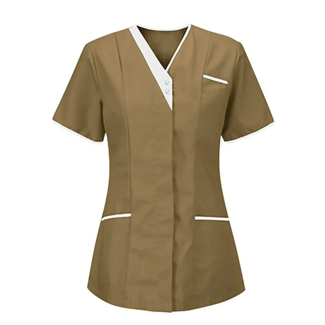 Uniforme de enfermera de color sólido para mujer al por mayor, blusa de manga corta con cuello en V, uniforme de trabajo de hospital quirúrgico de enfermería sanitaria