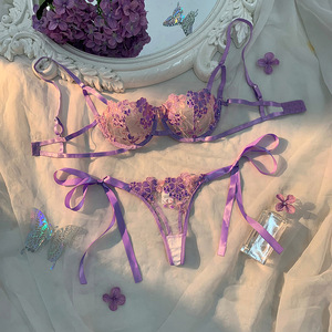 Women's Floral Embroidery Sheer Mesh Bra and Tie Side Thong <b>Set</b> Underwire Lace Lingerie <b>Set</b> French Style <b>Sexy</b> Underwear <b>Set</b> - Product Image 5
