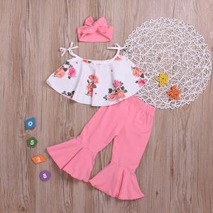 Vêtements d'été pour bébés, vente en gros, ensembles de vêtements pour filles, bandeau + hauts à volants + pantalons évasés, ensembles 3 pièces - Product Image 4
