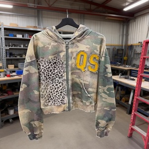 Sudadera con capucha para hombre, de hombros caídos, oversize, desgastada, con cremallera, estilo vintage, lavado ácido, con parche bordado personalizado, camuflaje - Product Image 1