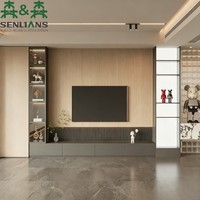 Mur TV en bois intégré de luxe SLS |   Console multimédia moderne à cannelures |   Vitrine en verre sur mesure avec éclairage LED ambiant
