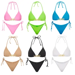 Custom Metal Logo Bikini Solid Color Swim Triangle Top Tie Bottoms With Metal Logo Swimsuit Swimwear & Beachwear