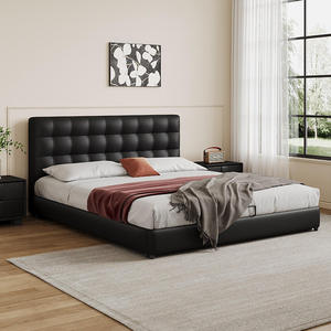 Italian Minimalist Black Waffle Leather <b>Bed</b> Solid Wood Frame Customizable High-end <b>Queen</b>/King <b>Size</b> Bedroom Storage <b>Bed</b> Huafuge E - Product Image 2