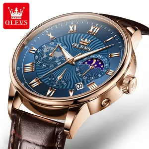 OLEVS jam tangan kronograf 2893mm, jam tangan kronograf 41mm modis bisnis, Multifungsi, sabuk Retro kuarsa, jam tangan pria